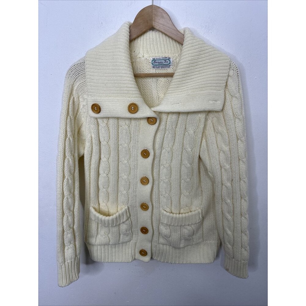Vintage 70s Cable Knit Woman M Cardigan Sweater Acrylic Classic High Neck - Picture 1 of 6